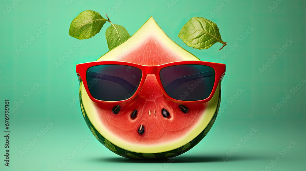 A creative watermelon wearing sunglasses on a bright background