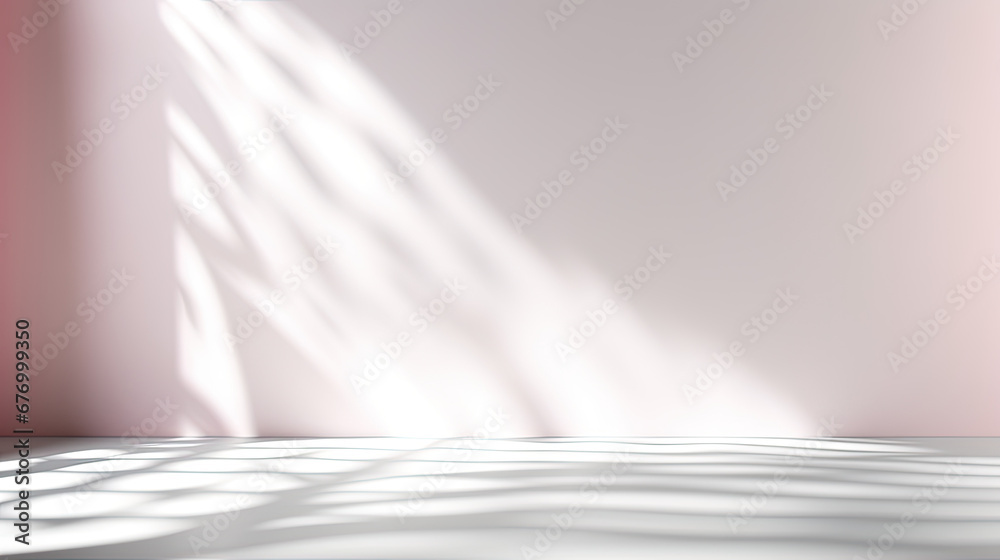 Abstract minimal empty soft red and white 3d room background. Modern Studio showcase with copy space. Mock up scene with natural window shadows, dappled light overlay effect. empty room