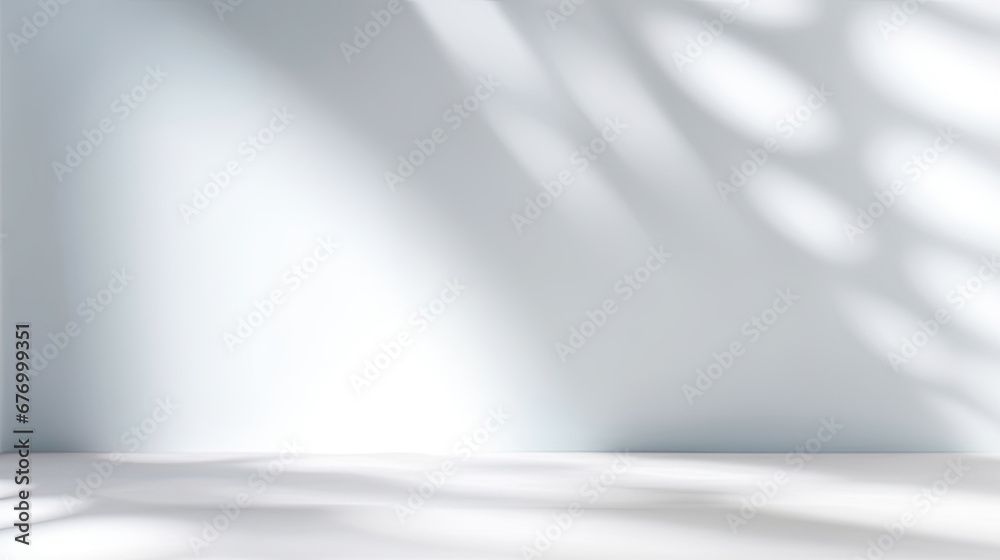 Abstract minimal emptysoft blue and white 3d room background. Modern Studio showcase with copy space. Mock up scene with natural window shadows, dappled light overlay effect. empty room