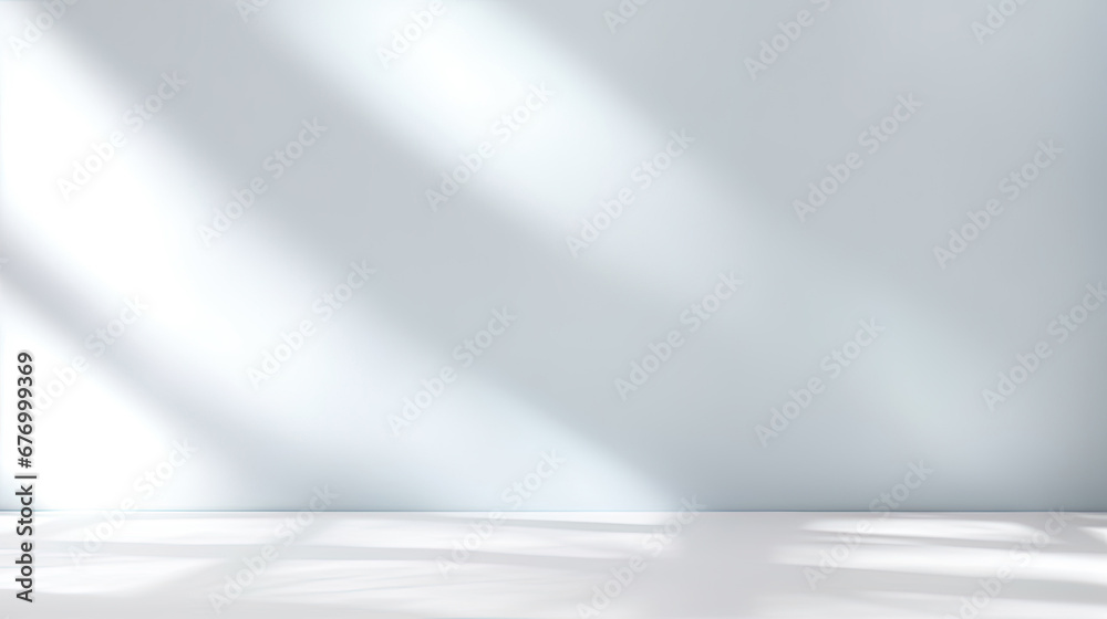 Abstract minimal emptysoft blue and white 3d room background. Modern Studio showcase with copy space. Mock up scene with natural window shadows, dappled light overlay effect. empty room