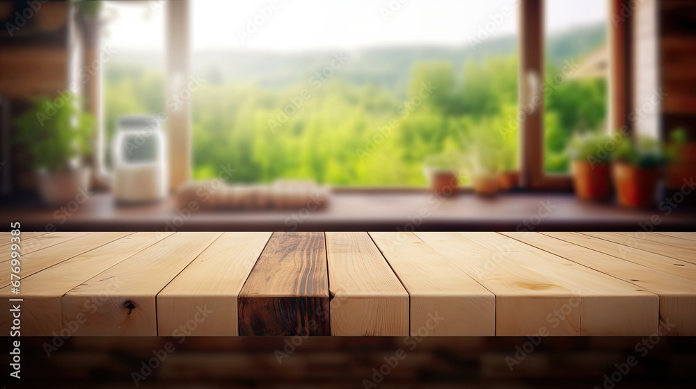 Empty wooden table with countryside kitchen in background