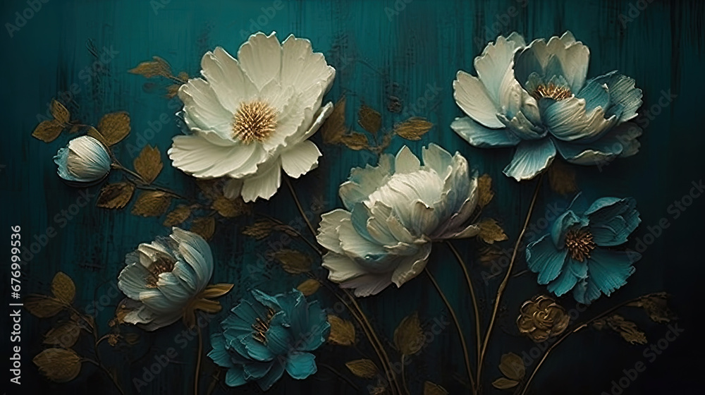 background with flowers, Subtly textured teal painted flowers dark moody background