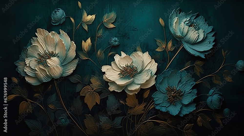 background with flowers, Subtly textured teal painted flowers dark moody background