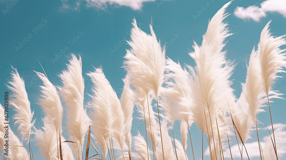 Pampa grass with light blue sky and clouds, grass and sky