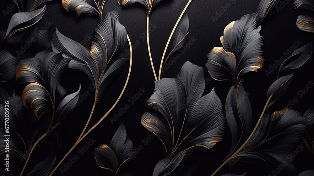 black and white silk,  Black luxury cloth, silk satin velvet, with floral shapes, gold threads, luxurious wallpaper, elegant abstract design