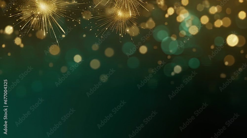 Happy New Year, Beautiful creative holiday background with fireworks and Sparkling on green background, space for text	 