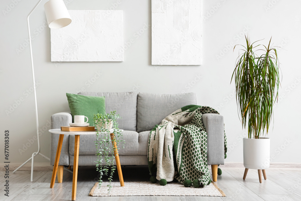 Interior of light living room with plaid on grey sofa