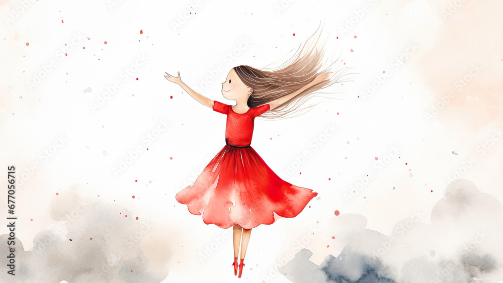 Little smiling girl in dress on light background. Impressionism style. Happy child