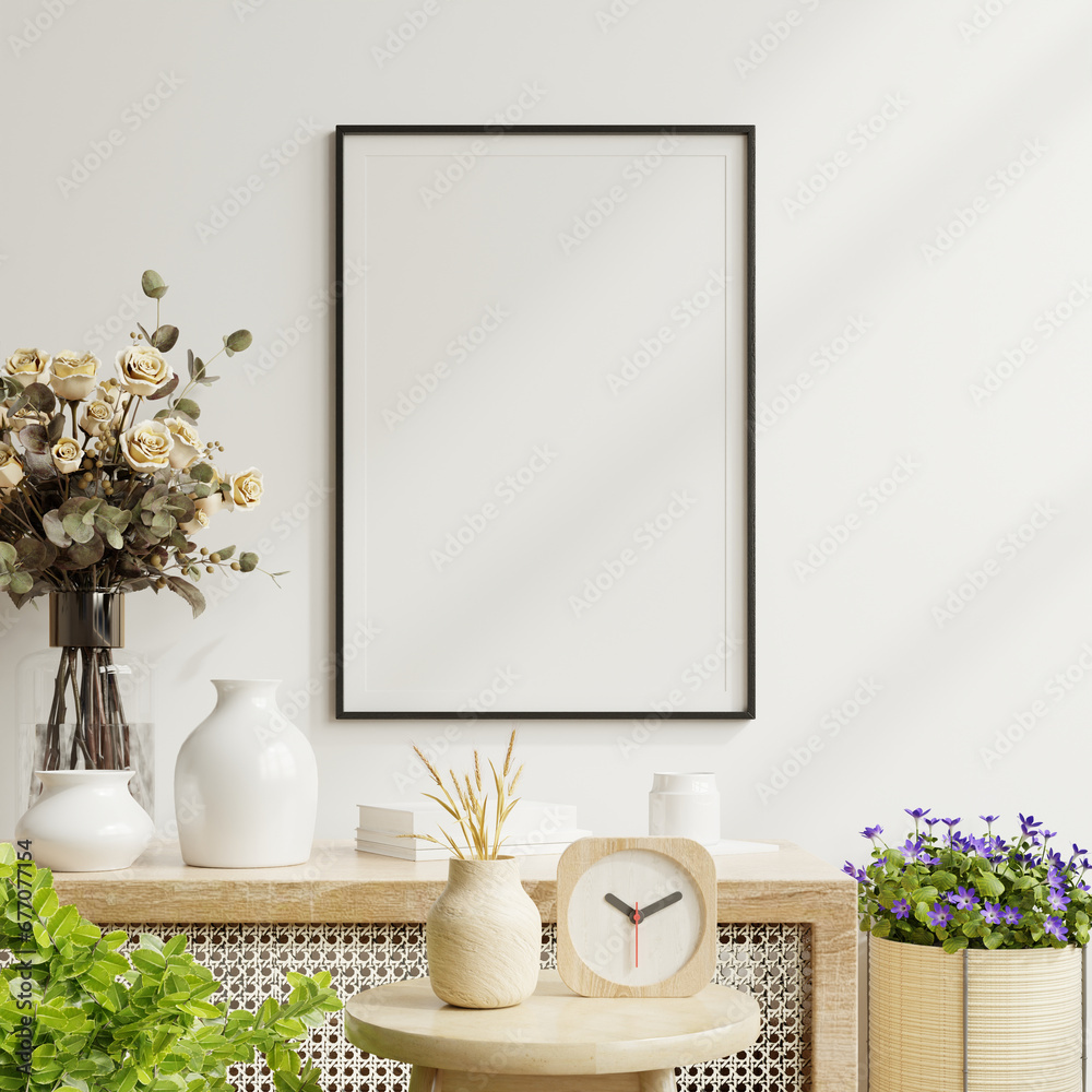 Mockup poster frame close up and accessories decor in cozy white interior background