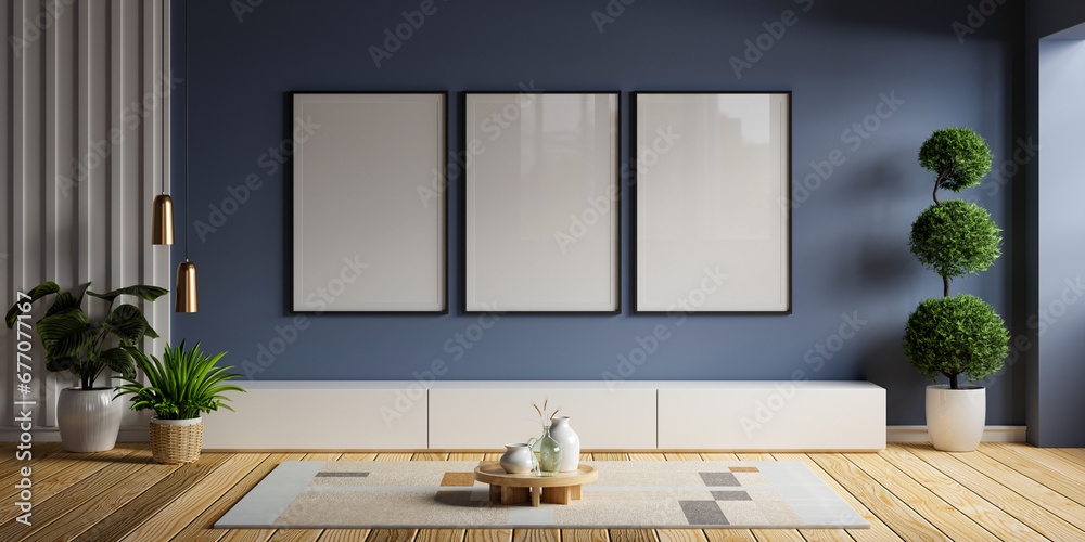 Poster mockup with wooden frame in home interior on blue wall background