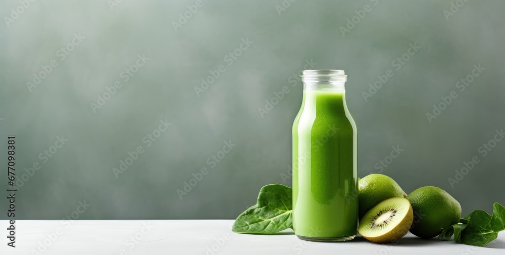 fresh green smoothie in a bottle on the table