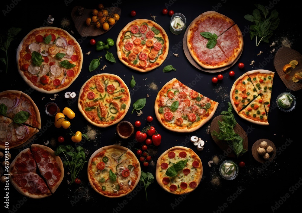 various pizza and pasta in various colors on a table