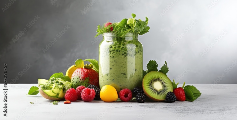 green smoothie accompanied by citrus fruit and fresh veggies on white background