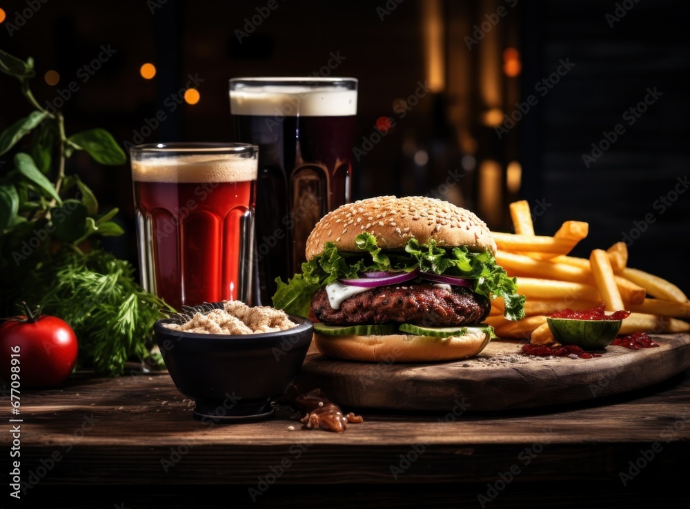 beef burger from a supper in the restaurant with onion