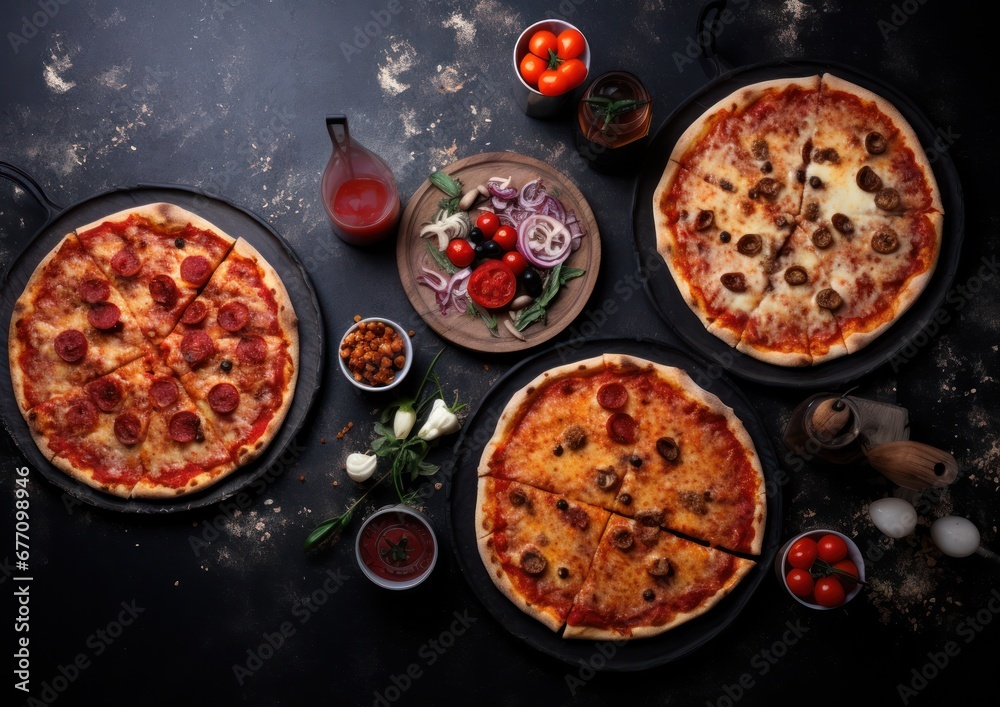 several kinds of pizza on a table