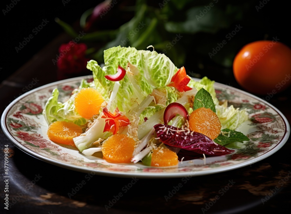 a plate with romaine lettuce pecorino romano orange