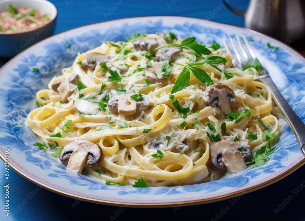 creamy salmon fettucine with mushrooms on a blue table