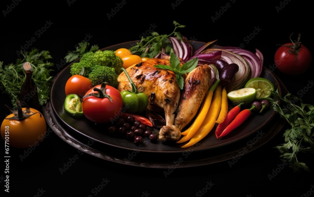 food plate on a black background with chicken and vegetables