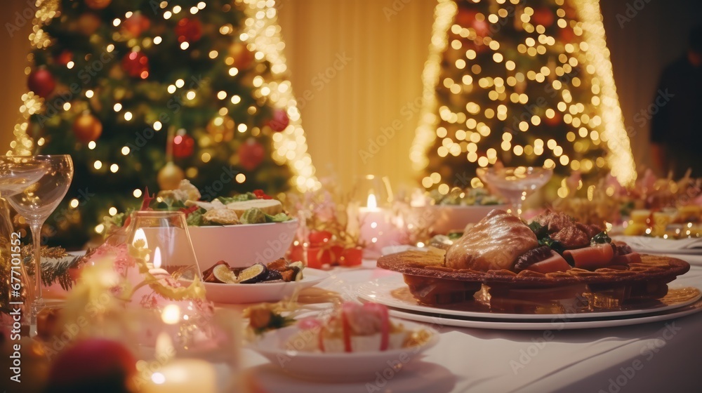 holiday dining table with lots of food, christmas tree