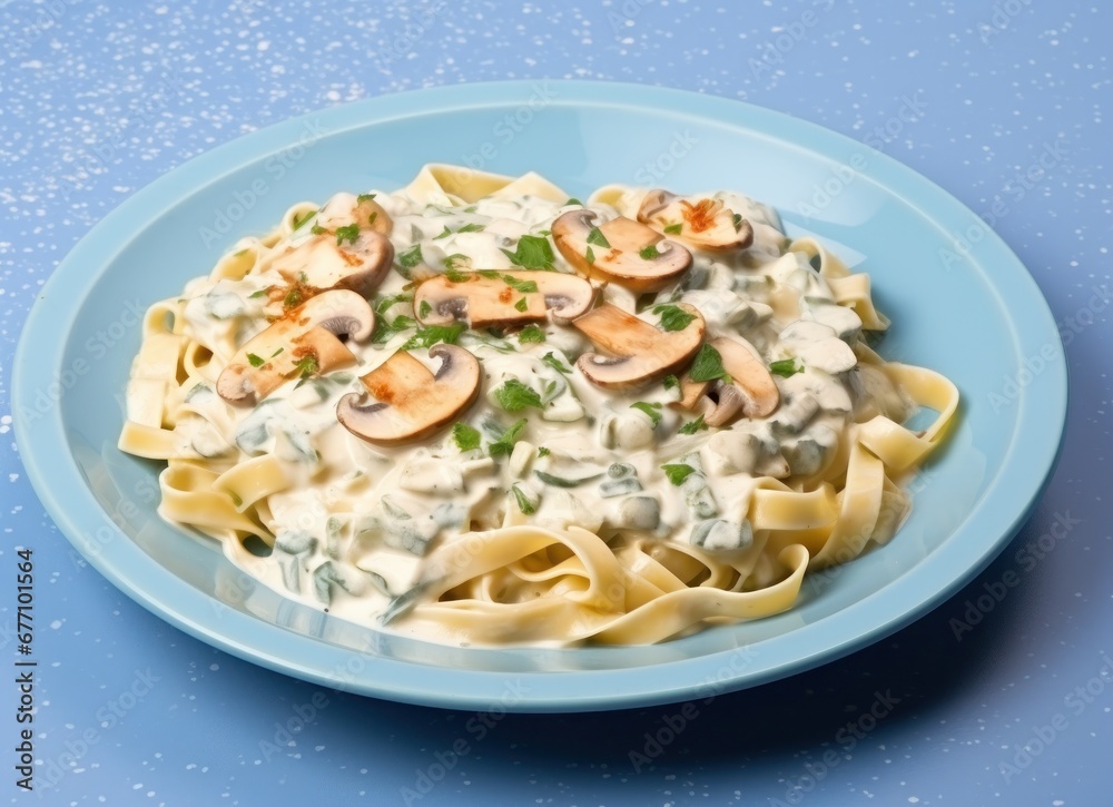 creamy salmon fettucine with mushrooms on a blue table