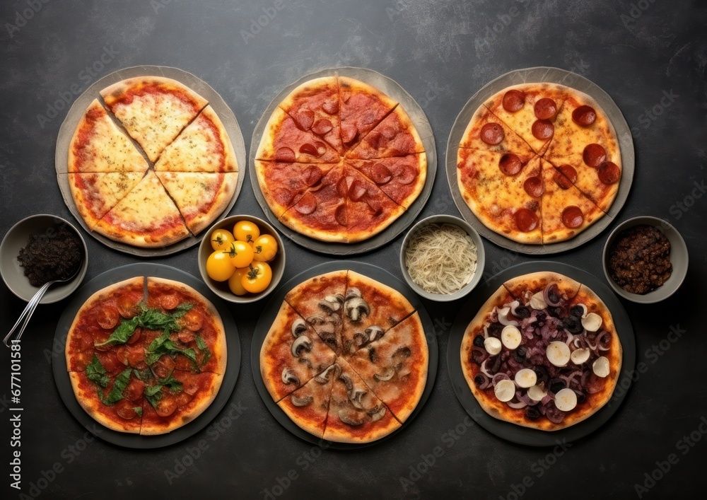 several kinds of pizza on a table