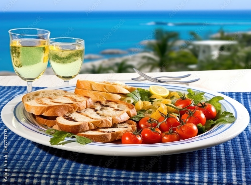 dinner platter with bread and salad on table overlooking the sea