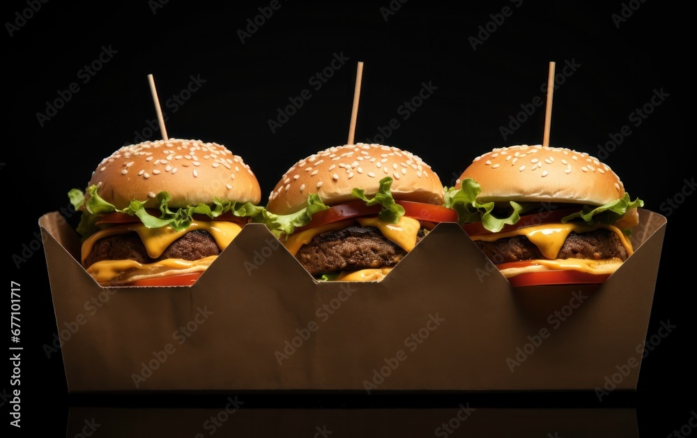 three burgers from cardboard boxes on black table