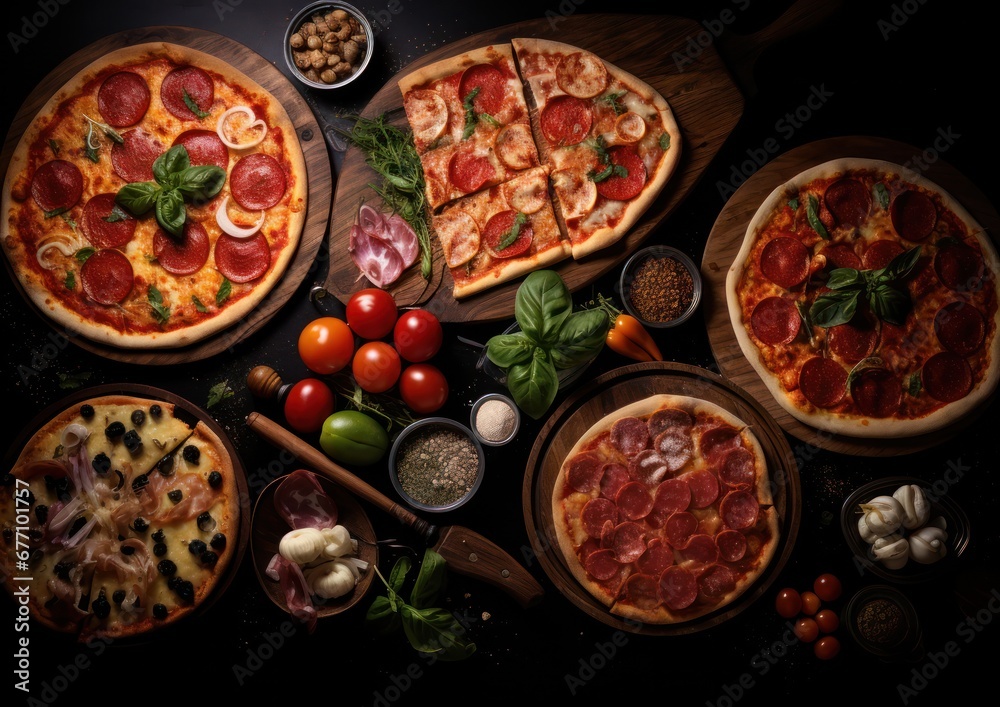 various pizza and pasta in various colors on a table