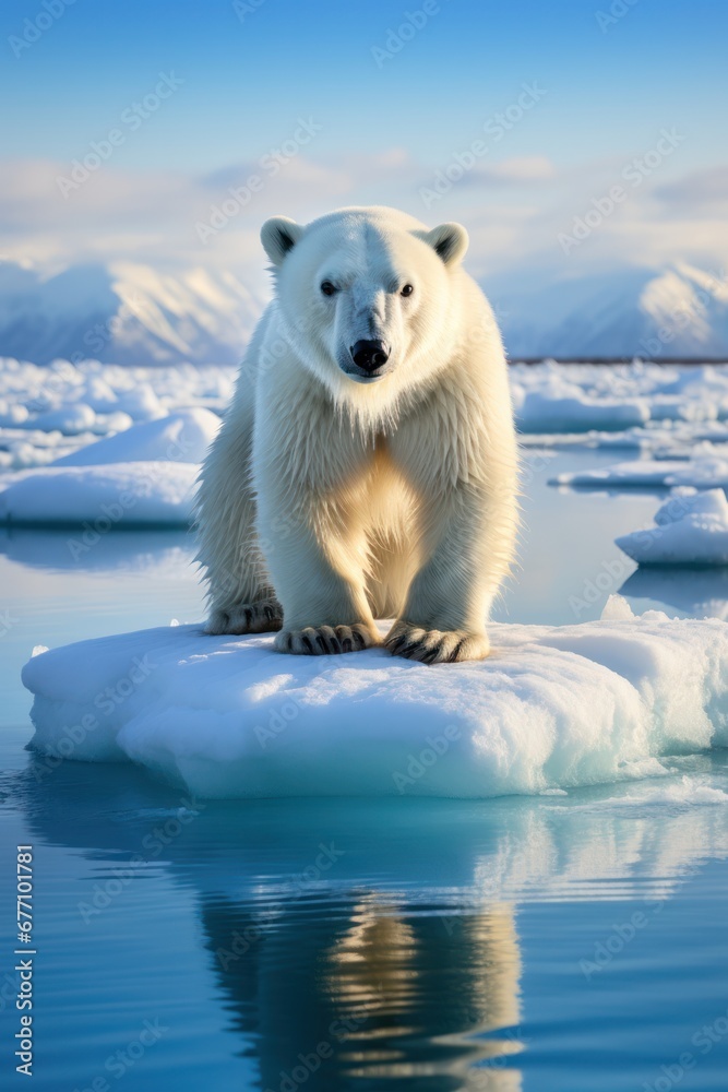 A striking photo of a polar bear standing on an ice floe in the Arctic