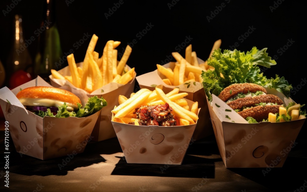 hamburgers in paper boxes with fries and carrots