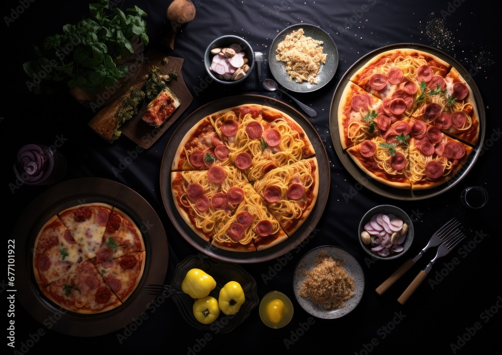 various pizza and pasta in various colors on a table