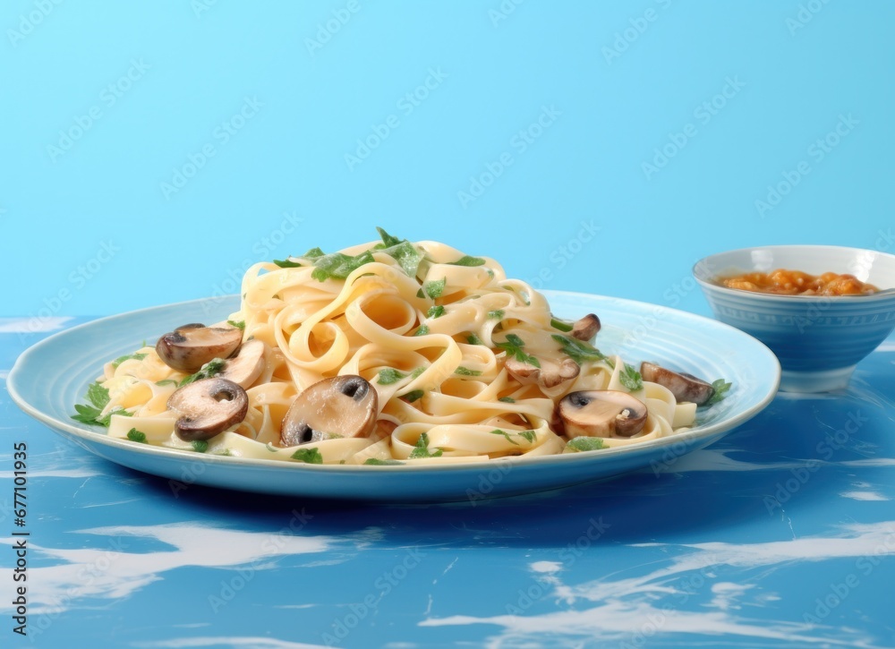 creamy salmon fettucine with mushrooms on a blue table