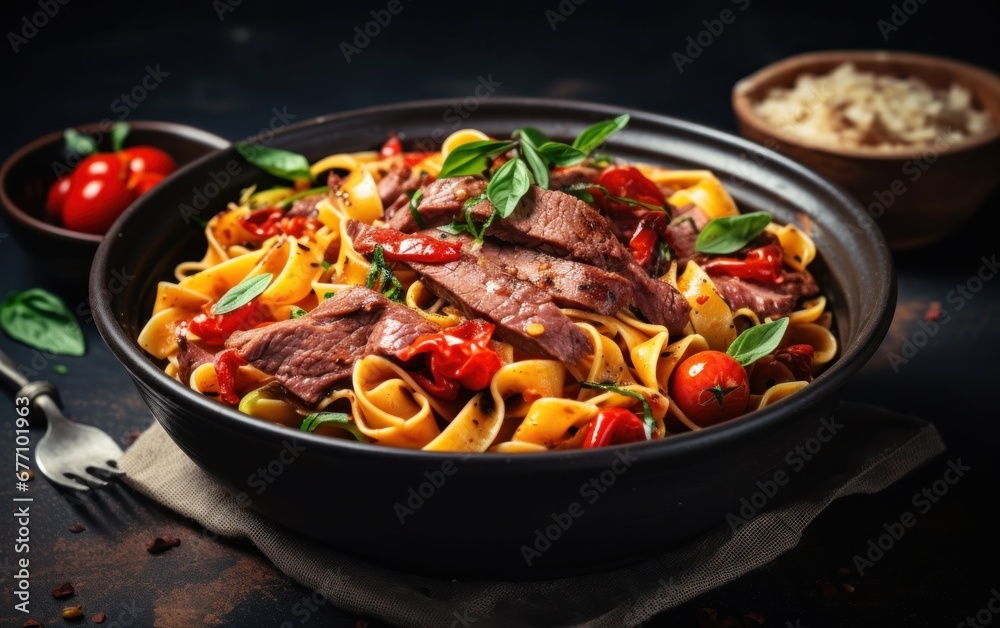 fettuccine with meat in a brown bowl on grey background