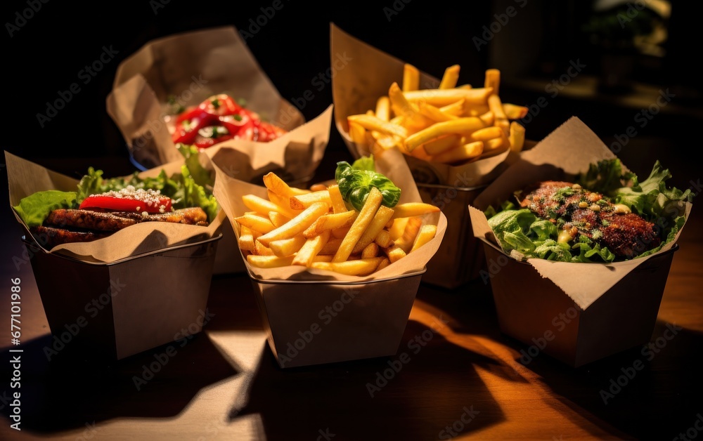 hamburgers in paper boxes with fries and carrots