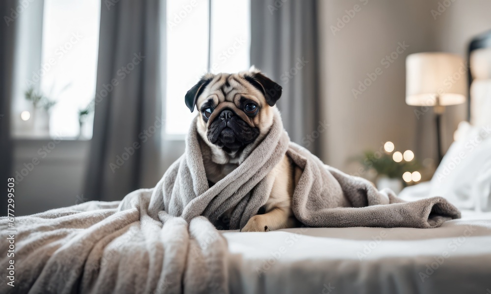 Cute wet pug dog sitting after shower in grey towel on bed, pets grooming and washing