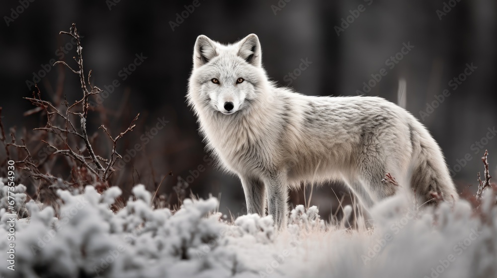 Close-up of fox face with white fluffy fur.  Animal in habitat in monochrome style. Illustration for cover, card, interior design, brochure or presentation.