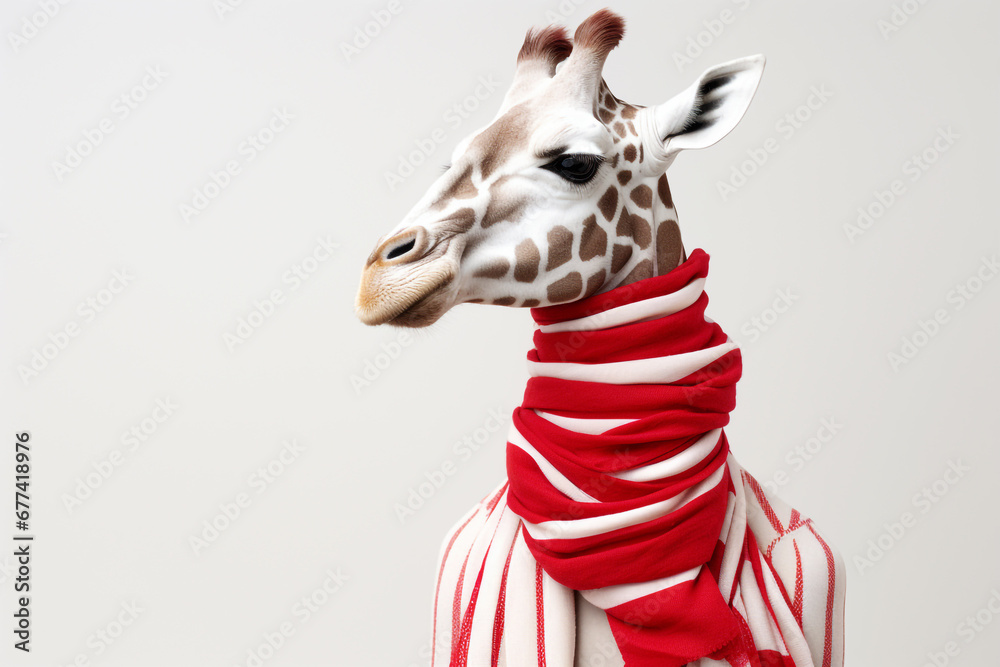 Giraffe wearing winter scarf on a solid background