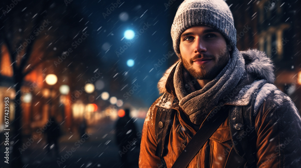 Man wearing winter clothes in snowy night