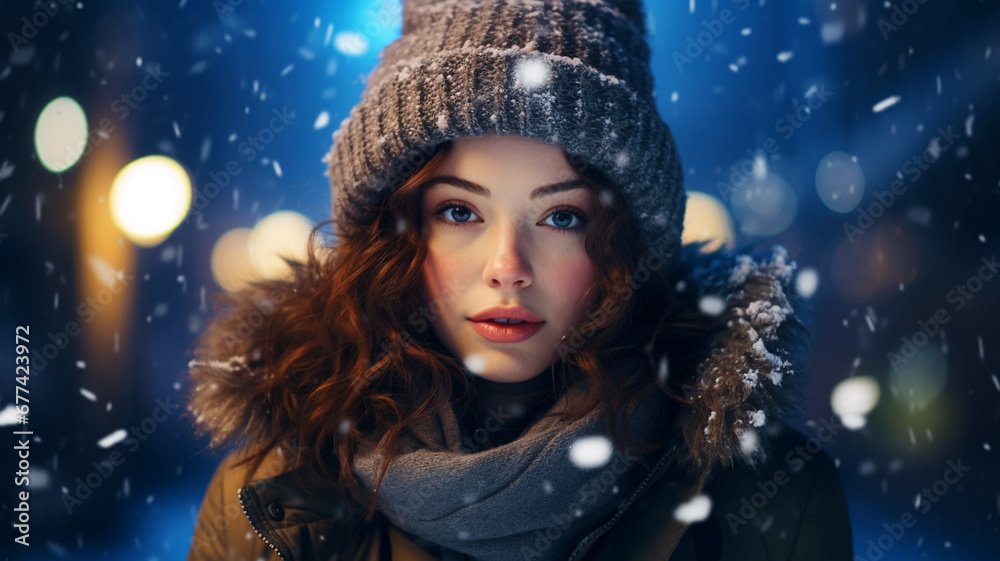 Young woman wearing winter clothes on a snowy night