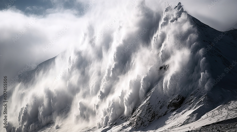 glacier in the mountains, Huge powerful snowslide snow dust flowing down from rock summit. Natural disaster, climate change and nature