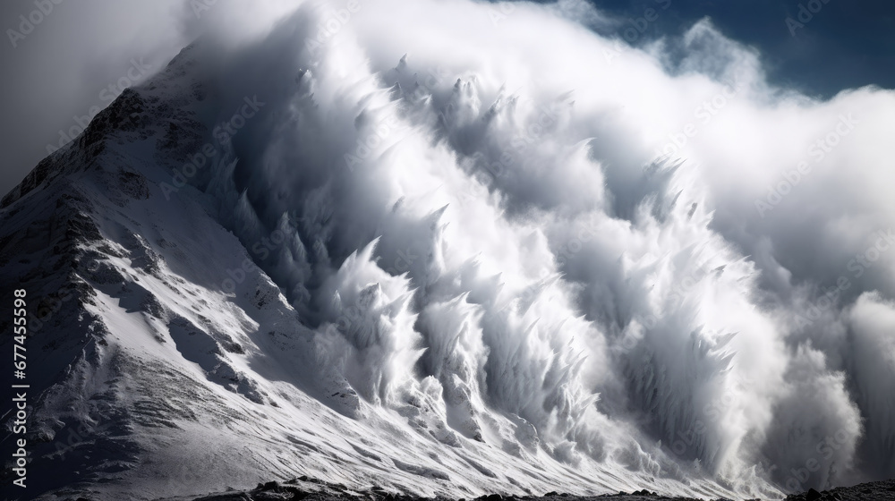 glacier in the mountains, Huge powerful snowslide snow dust flowing down from rock summit. Natural disaster, climate change and nature