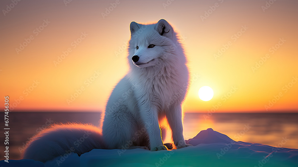 wolf in winter, Arctic Fox sitting in arctic sunset