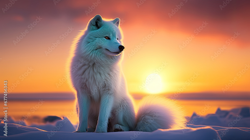 wolf in winter, Arctic Fox sitting in arctic sunset