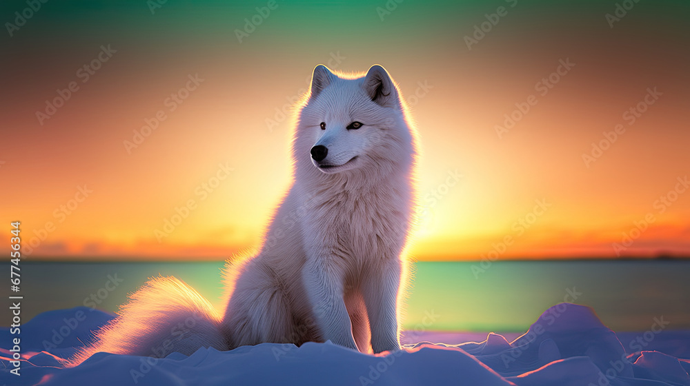 wolf in winter, Arctic Fox sitting in arctic sunset