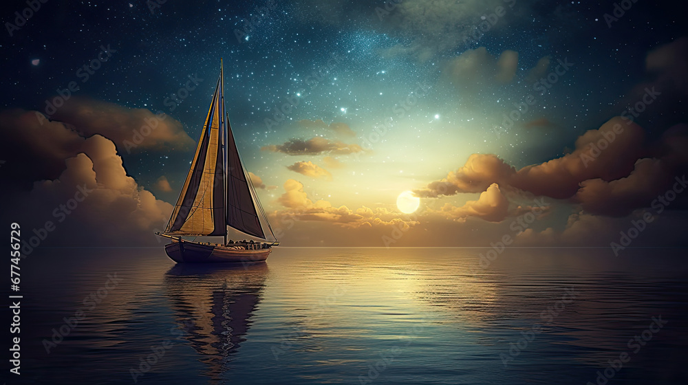 sailing ship at sunset, Lone sailing yacht under starry night sky