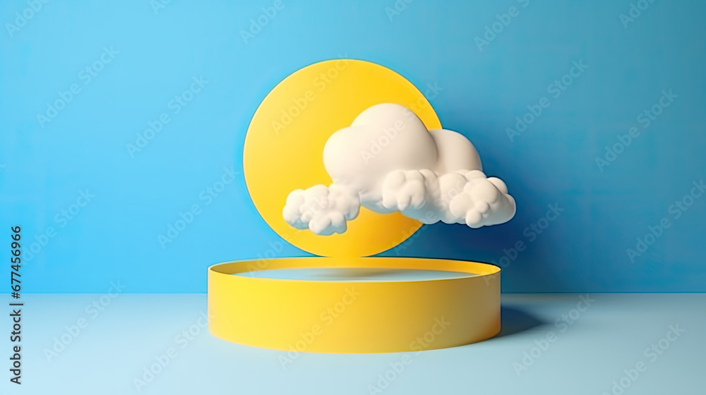  3d render, abstract sunny yellow background with white clouds and blue round hole. Simple geometric showcase scene with empty podium for product presentation