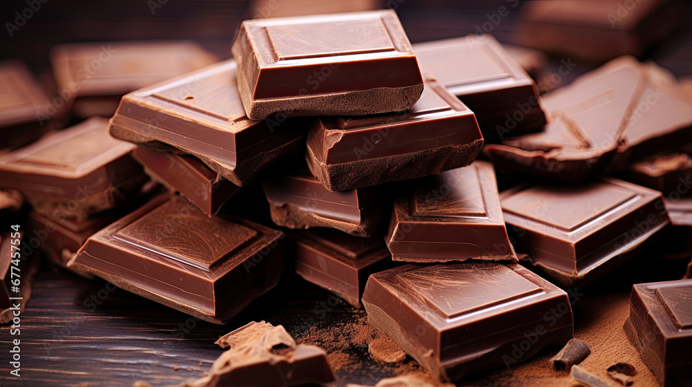 chocolate pieces on white background,  Small pieces of milk chocolate bar on wooden background