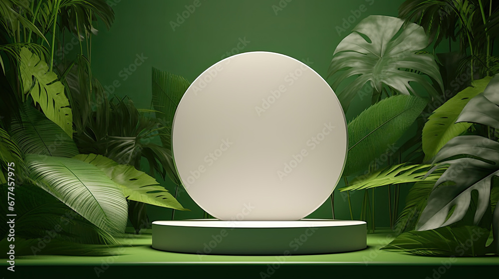 3d White round template podium mockup for natural organic cosmetic product presentation ad concept on green eco forest fresh leaves nature 3d background, trendy stylish minimalist 3d mock up