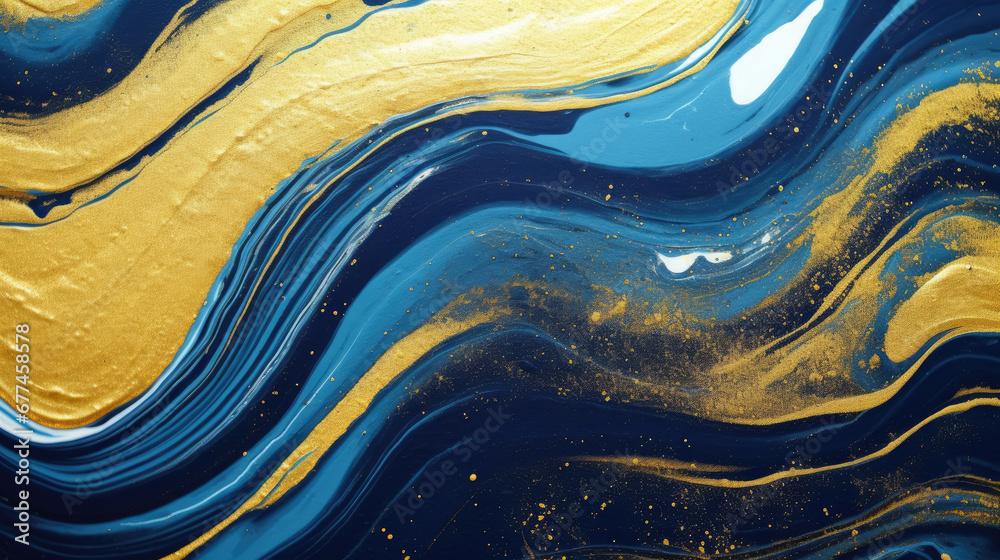 Luxury gold and blue liquid wavy marbled texture abstract background. Deep blue indigo fluid wave with shiny golden powder grain glitter with elegant marble tile pattern