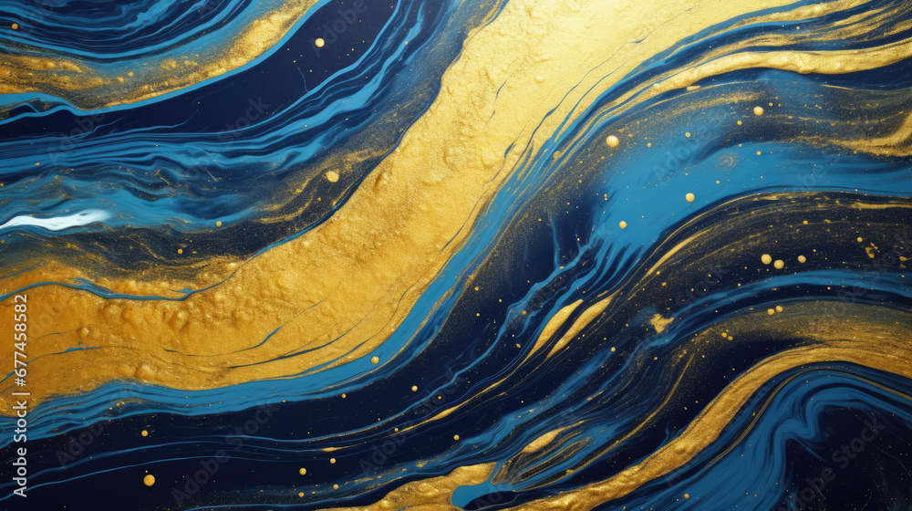 Luxury gold and blue liquid wavy marbled texture abstract background. Deep blue indigo fluid wave with shiny golden powder grain glitter with elegant marble tile pattern